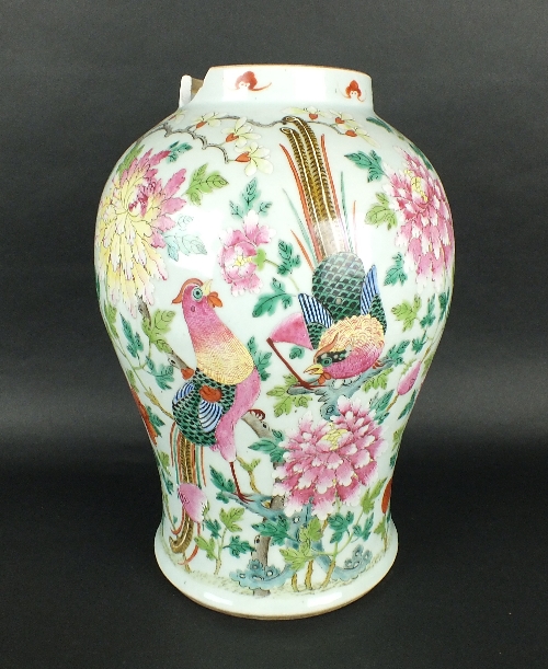 A Chinese famille rose baluster vase, Qing Dynasty, 19th century, decorated with a pair of birds