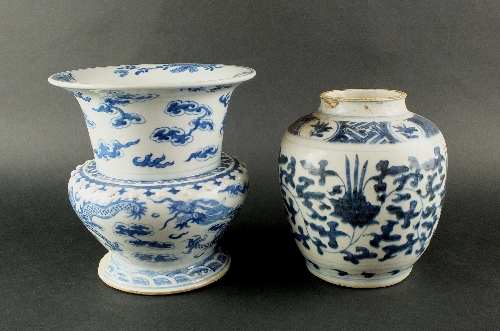 A Chinese Transitional blue and white provincial porcelain jar, possibly 17th century, decorated