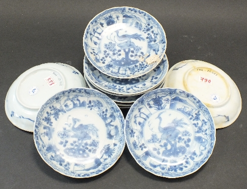 Ca Mau: Ten blue and white Peacock Pattern saucers, circa 1725, each centrally decorated with a