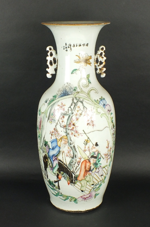 A Chinese baluster floor vase, 20th century, with twin molded pierced butterfly wing handles and