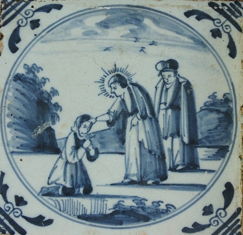A collection of sixteen English Delft pottery tiles, 18th century, painted in blue and white with - Image 2 of 5