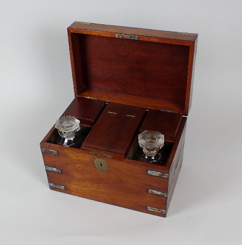 A 19th century Campaign style teak tea caddy with brass corner protectors and side straps, the - Image 2 of 2