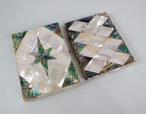 Two Victorian mother of pearl and abalone rectangular card cases: one with central star motif and