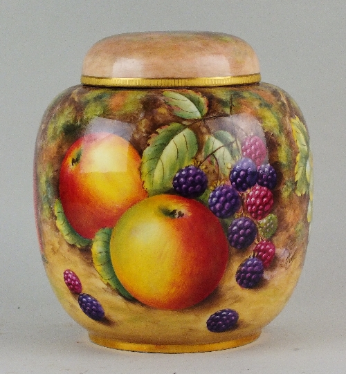 A Royal Worcester fruit-painted ginger and cover, circa 1950s, shape 2826, painted all around by P.