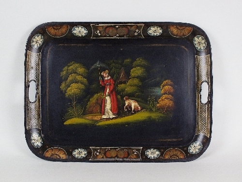 A 19th century painted Tole ware rectangular two handled tea tray, the centre depicting a young