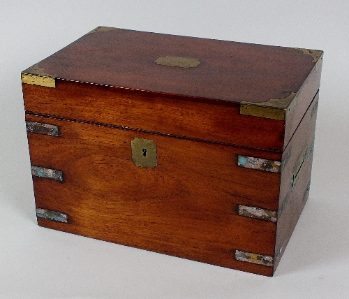 A 19th century Campaign style teak tea caddy with brass corner protectors and side straps, the