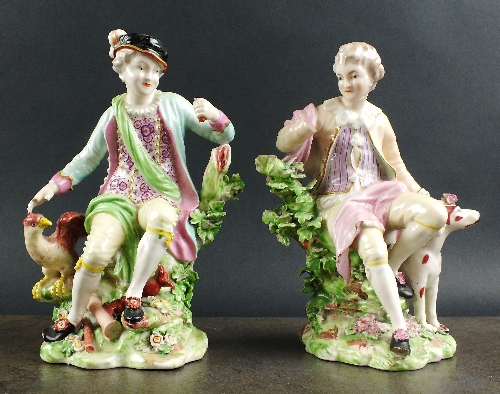 A pair of Derby porcelain figures, circa 1780, representing 'Touch' and 'Smell' from the allegorical