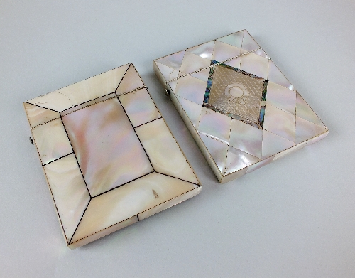 A Victorian mother of pearl white metal strung card case with central rectangular panel within a