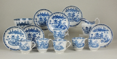 An English porcelain part tea service, probably Staffordshire, circa 1790, painted in underglaze