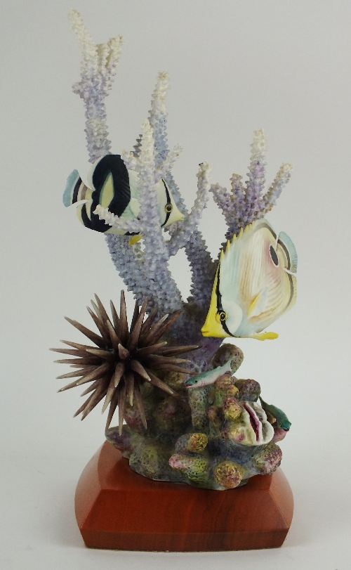 A Royal Worcester model group, 'Four-eyed Butterfly Fish' and a 'Banded Butterfly Fish', designed by