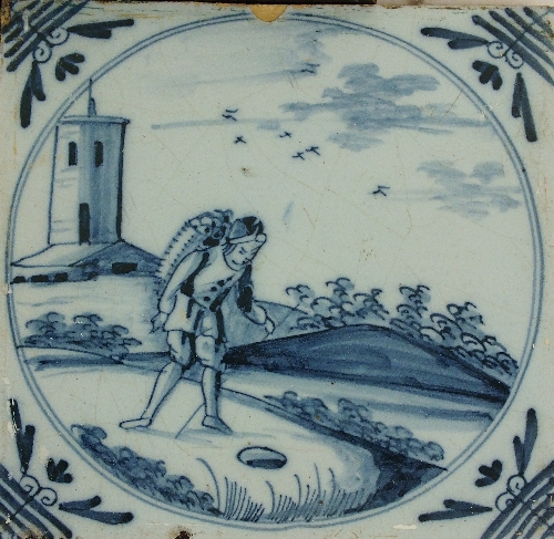 A collection of sixteen English Delft pottery tiles, 18th century, painted in blue and white with - Image 3 of 5