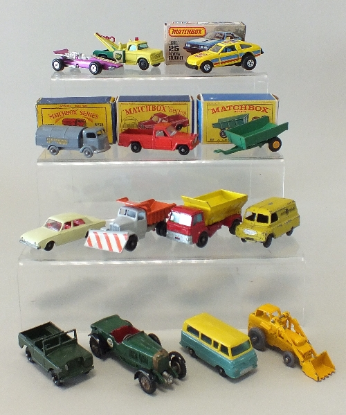 A group thirteen of boxed and unboxed Matchbox miniatures, boxed models to include a No.71 Jeep, a