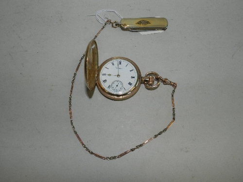 A Waltham gold plated pocket watch together with a 9ct gold Albert and gilt metal pocket knife