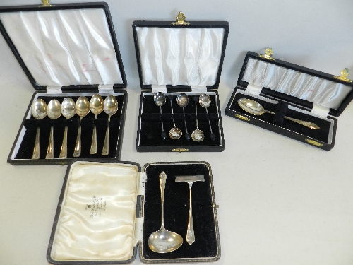 A cased silver christening set; six teaspoons; a cased teaspoon and a part set of five coffee spoons
