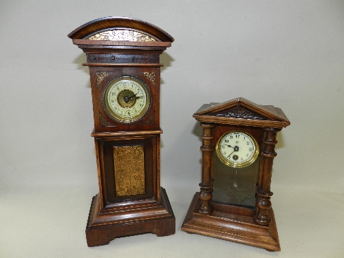 A stained beech miniature longcase clock timepiece with gilt detailing; a smaller architectural