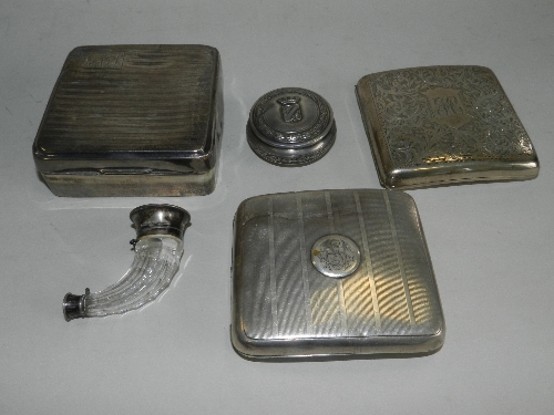 A French silver circular box and cover, the lid decorated with the arms for Wimereux; a white