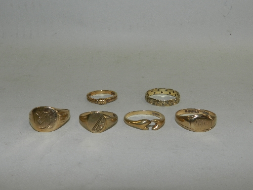 Three 9ct gold signet rings; three other 9ct. gold rings