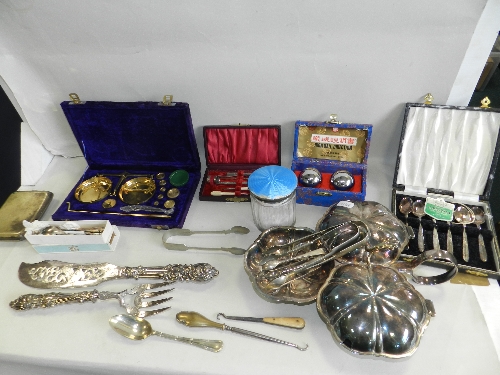 A pair of Victorian plated and pieced fish servers; a silver and enamel pot; powder jar; a plated