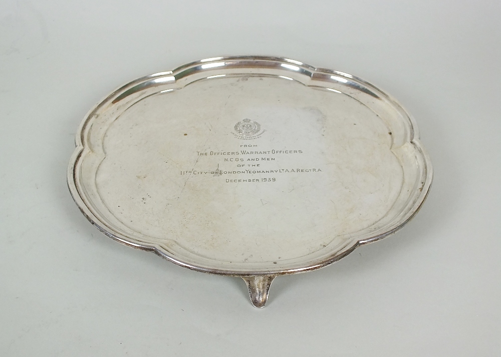 A silver salver, Atkin Brothers, Sheffield 1939, of lobed circular form with engraved presentation