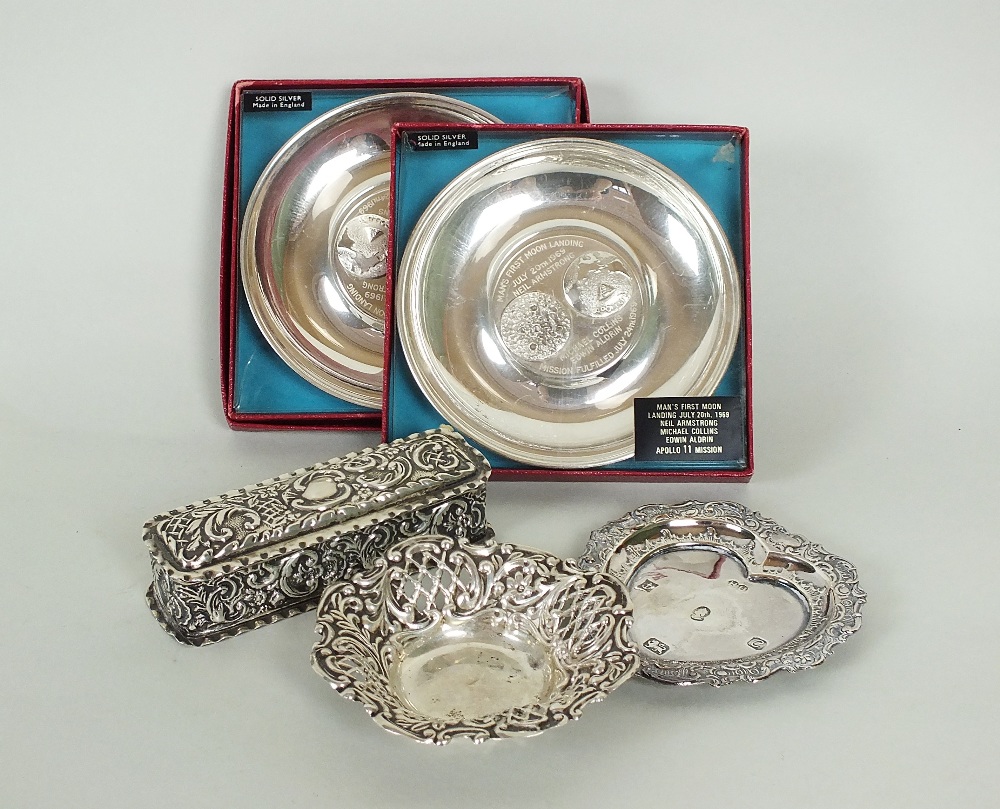 Two commemorative silver dishes, S J Rose, Birmingham 1969, commemorating 'Man's First Moon