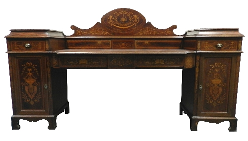 A 19th century mahogany satinwood crossbanded marquetry inlaid drop-centre pedestal sideboard, the