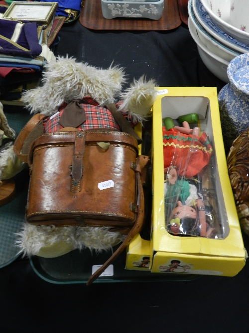 Two Pelham puppets 'Gypsy' and 'Clown'; a soft toy teddy bear and a pair of Prismatic No.2