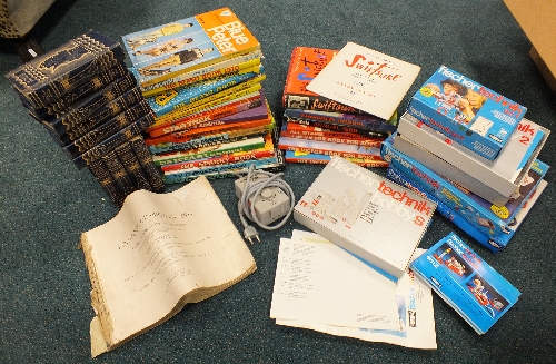 A collection of children's annuals, mostly 1960s and 70s; four Fisher Technik sets and other books