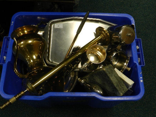 An assortment of plated wares and brass wares to include a warming pan and a hunting horn