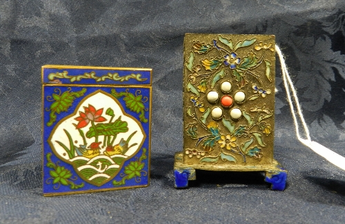 A Chinese enamelled and jewelled matchbox sleeve together with an enamelled vesta case