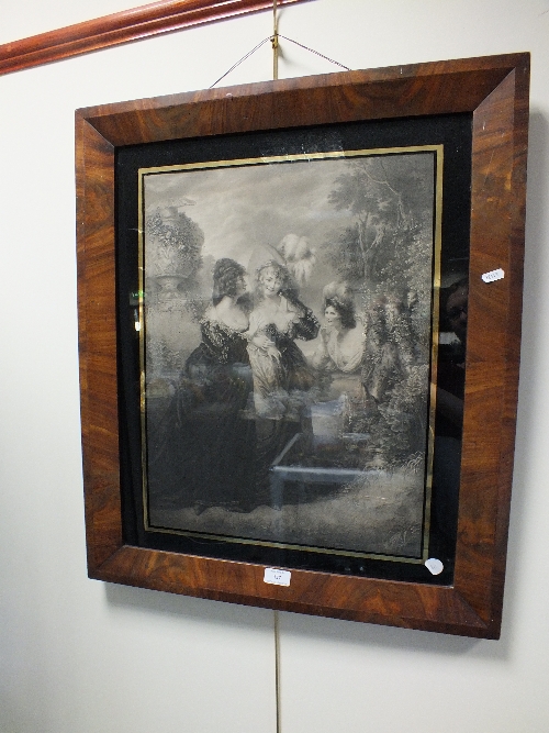 A 19th century steel engraving of three ladies in a garden in verre eglomise mount and mahogany