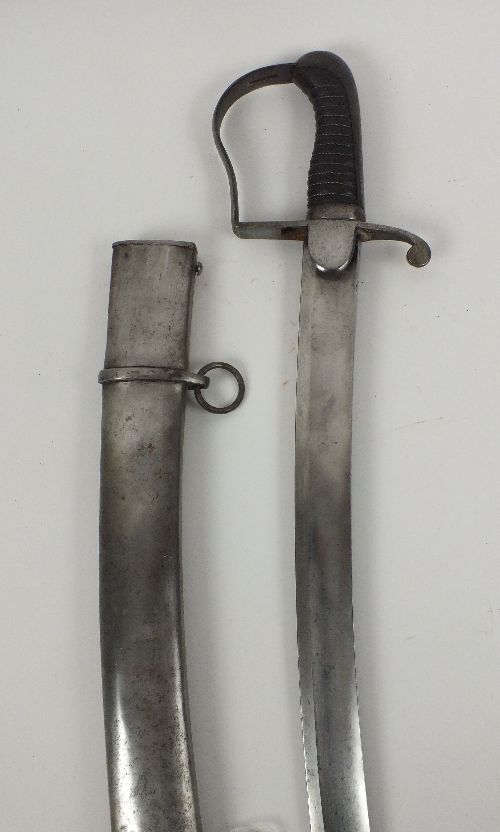 A 1796 Pattern British Light Cavalry Sword, curved, flat black, single edged except for the last