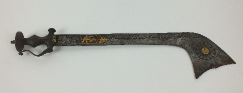 A Nepalese Kora executioners sword, 19th century, curved blade with yellow metal sun emblem and