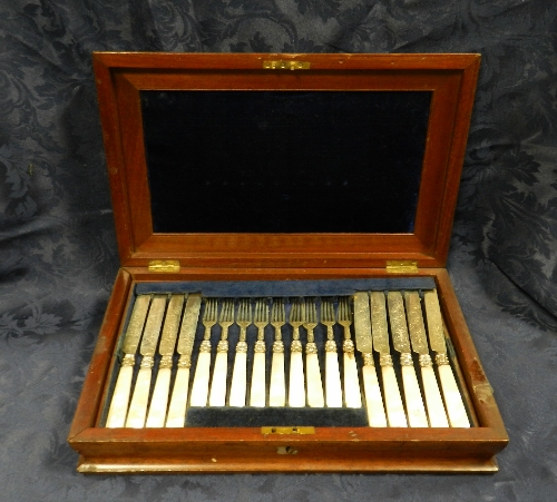 A Victorian part cased set of silver and mother of pearl handled cutlery, Atkin Brothers,