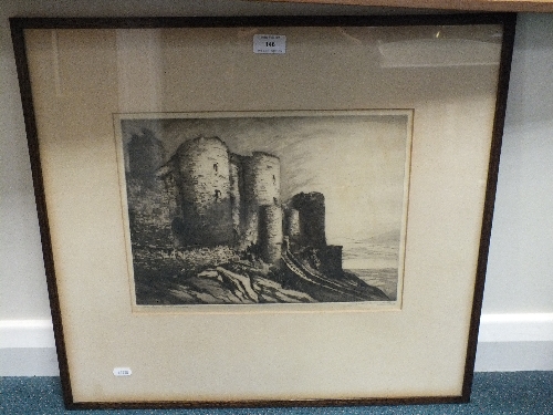 An etching of Harlech Castle indistinctly signed in pencil and with blind stamp to bottom left