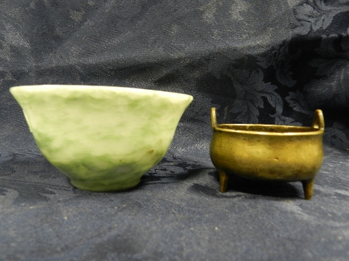 A Chinese jadeite bowl together with a bronze censer