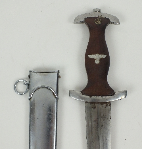 A Nazi Germany SA dagger, the blade marked RZ/M and engraved 'Alles fur Deutschland', dark wooden