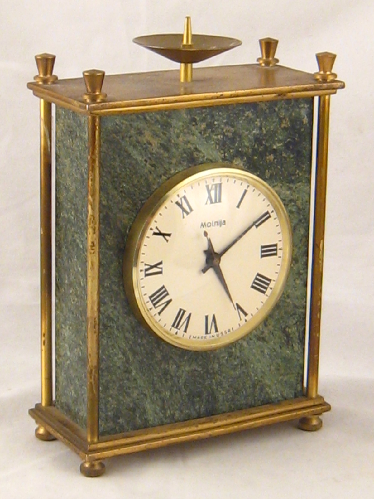 A Soviet Russian mantel clock with sweep second hand in green hardstone case, c.1950. Ht.18cm.