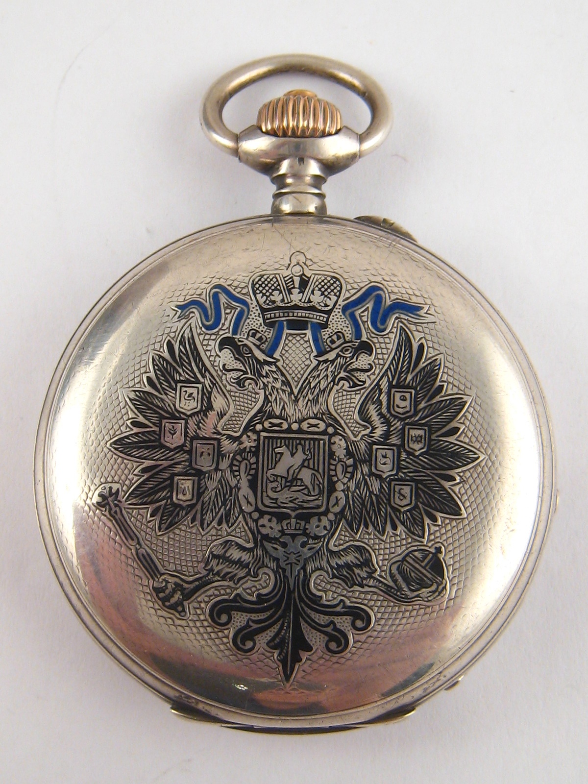 A Russian silver, 84 standard, cased pocket watch with embossed, engraved Imperial eagle in niello