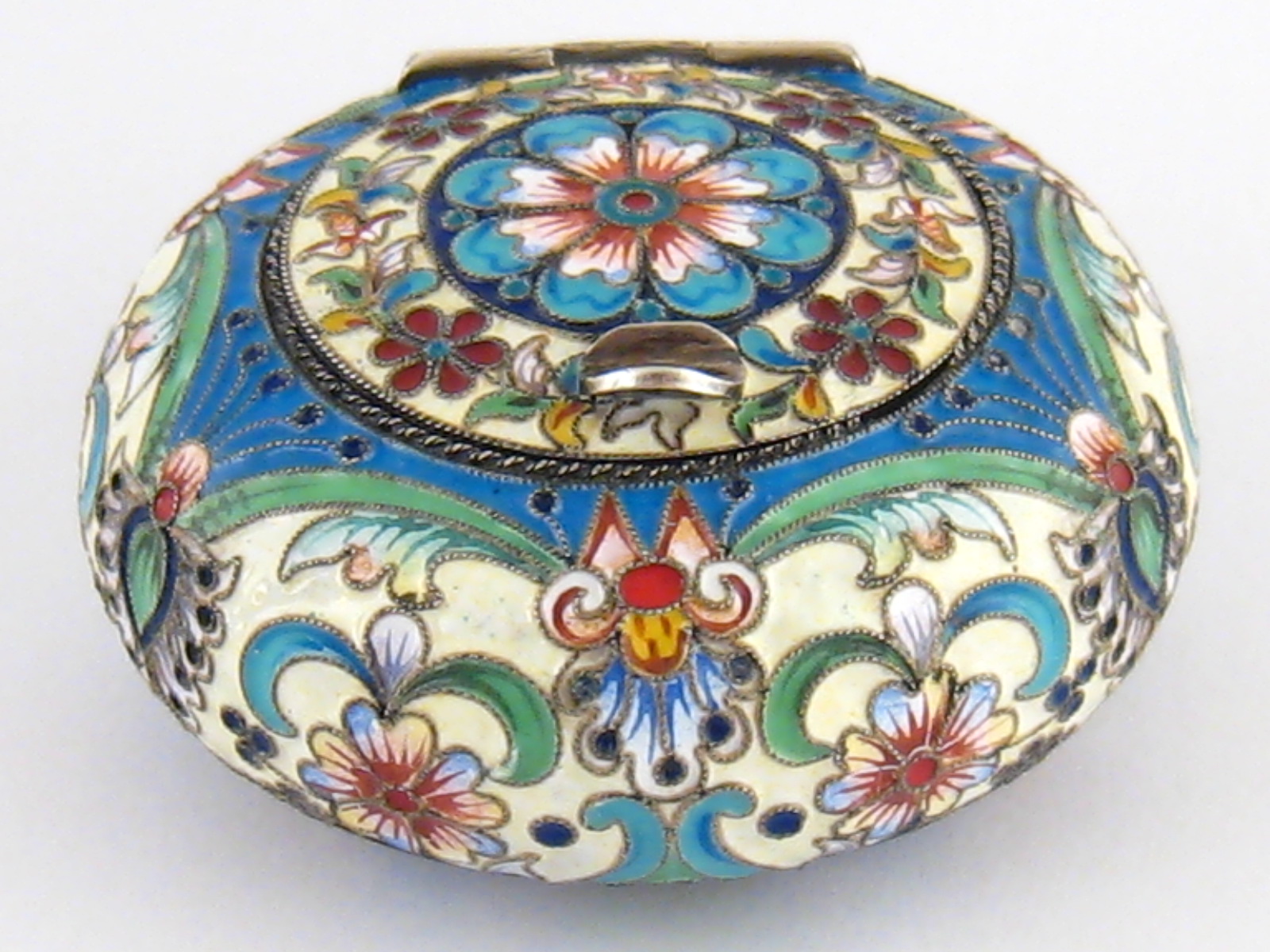 A cloisonne shaded enamel silver box of flattened globe shape in the Russian style, 84 mark only