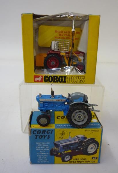Diecast Vehicles. 73 Massey-Ferguson Tractor and Saw, boxed, G-E, and 67 Ford 5000 Super Major