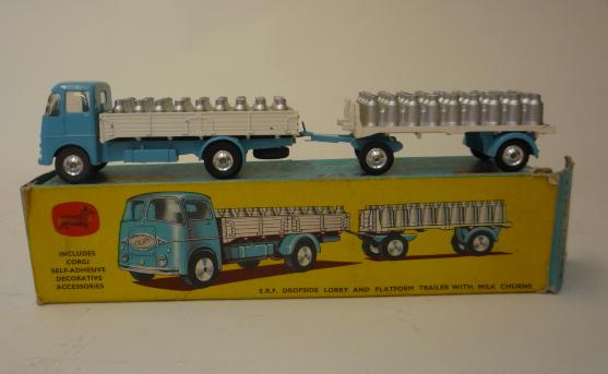 Diecast Vehicles. G.S. No21 E.R.F. Dropside Lorry and Platform Trailer with milk churns, box AF (