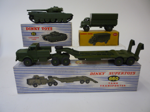 Diecast Vehicles. 660 Tank Transporter, boxed, G-E, 651 Centurion Tank, boxed, G, 621 3-ton Army