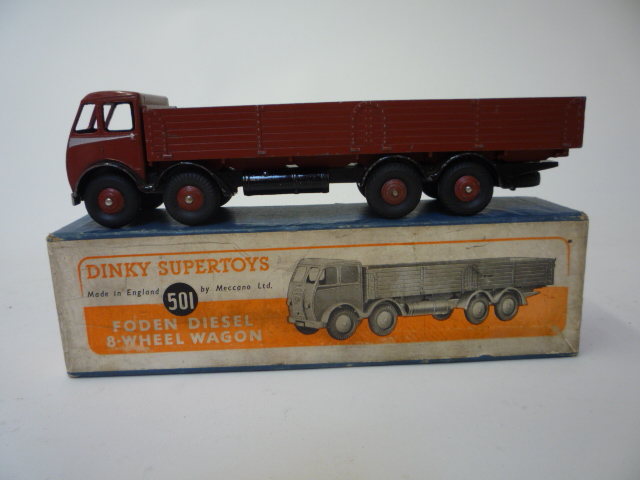 Diecast Vehicles. 501 Foden Diesel eight wheel wagon, 1st cab, brown silver flash, boxed, F-G