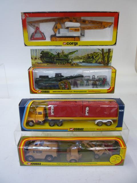 Diecast Vehicles. 909 Quad Tractor Trailer and gun, boxed, E, 1154 Block Giant Tower Crane, boxed,