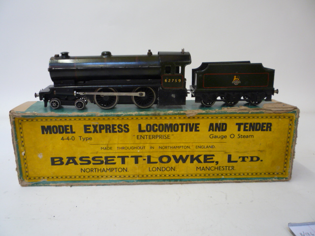 Model Railways. Bassett-Lowke 4-4-0 Enterprise locomotive and tender, spirit fired finished in green