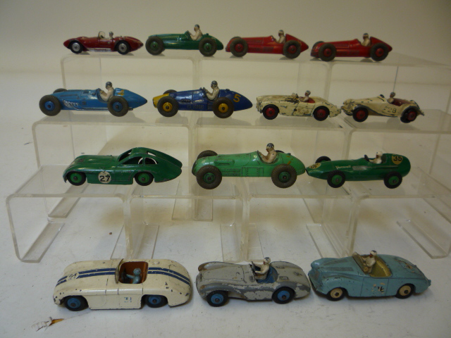 Diecast Vehicles. A French Dinky 22A Maserati and thirteen English Dinky racing and sports cars, all