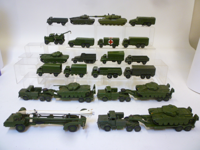 Diecast Vehicles. Three Dinky Tank Transporters, five Centurion Tanks and fifteen other Army