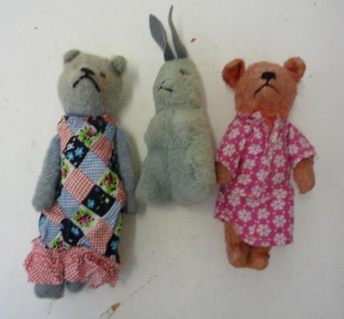 Teddies & Soft Toys. Three pre-war soft toys covered in plush comprising a small blue teddy bear