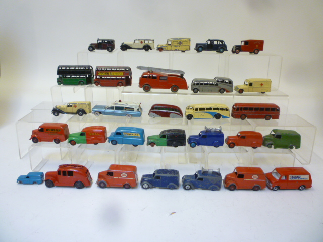 Diecast Vehicles. Thirteen various Dinky vans, two taxis, seven emergency vehicles and six buses/