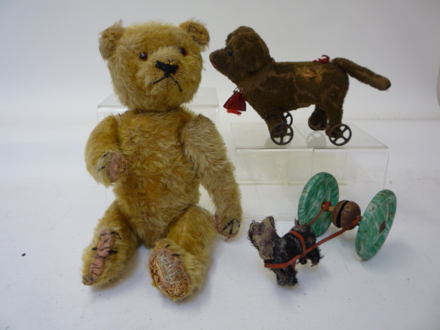 Teddies & Soft Toys. An early 20th century teddy bear, straw filled covered in gold plush, swivel